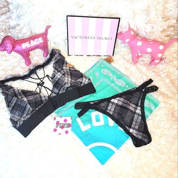 NWT 2PC PINK VICTORIA SECRET BRALETTE LACE THONG BLACK WHITE PLAID BANDANA SMALL - Picture 1 of 12